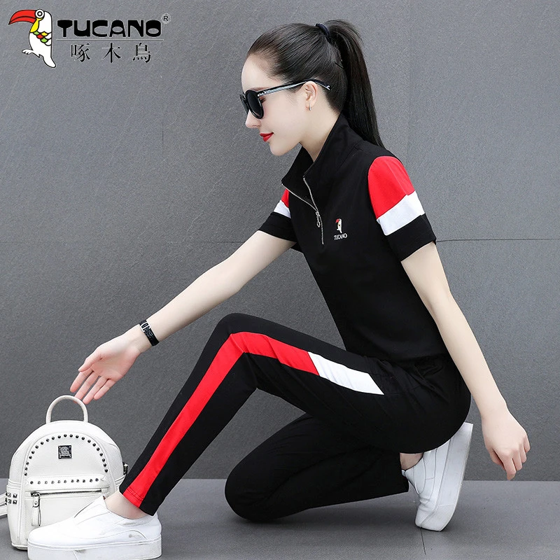 【官方】啄木鸟运动套装女士2025新款夏季大码宽松跑步时尚两件套