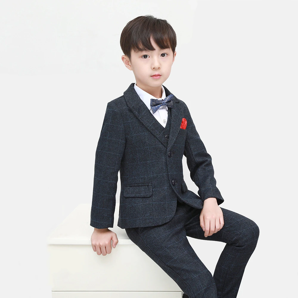 儿童西装套装男孩秋冬加厚花童礼服男童格子小西服加绒中大童外套