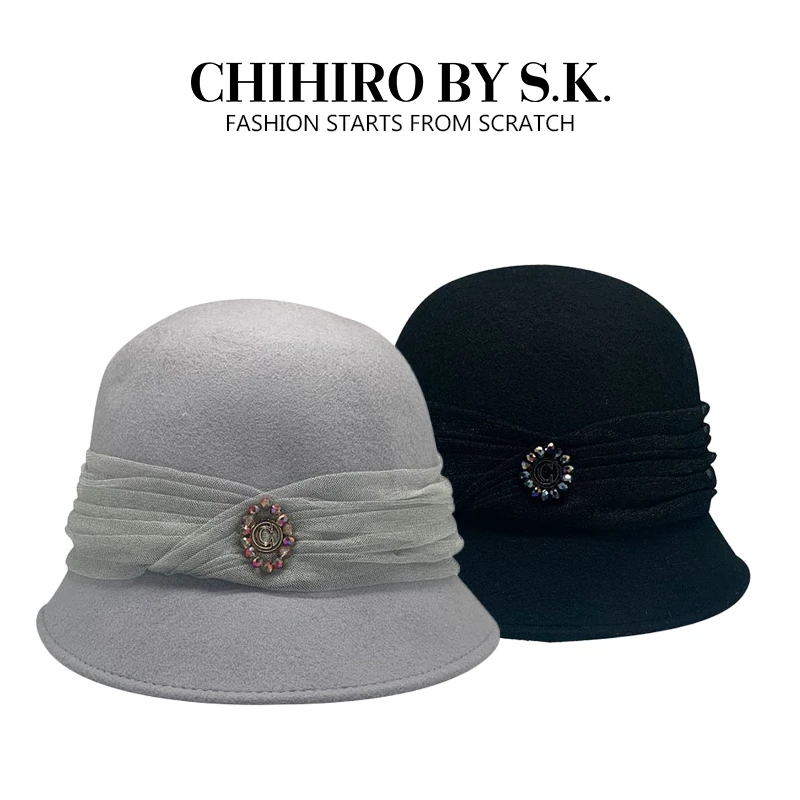 CHIHIRO BY S.K./新帽馆秋冬新款时尚百搭款优雅网纱褶皱珠钻盆帽