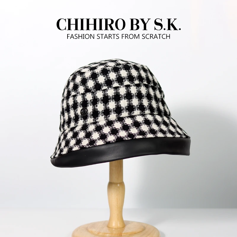 新帽馆时尚复古百搭千鸟格经典黑白格子纹卷边渔夫帽CA2YFT2016