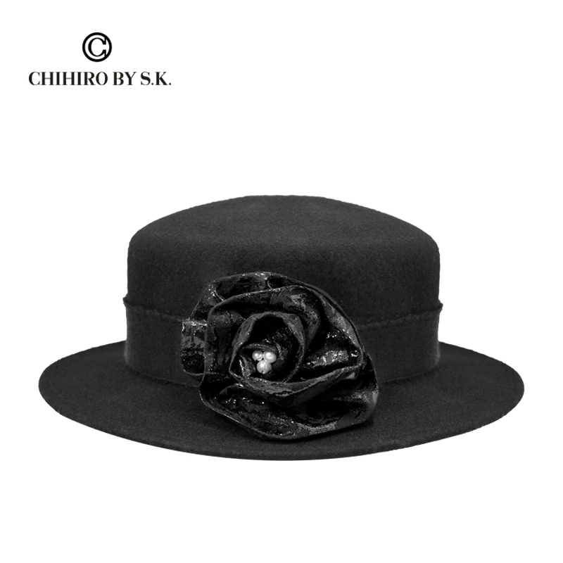 秋冬女士洋气时尚百搭经典平顶礼帽手工花毛呢法式礼帽