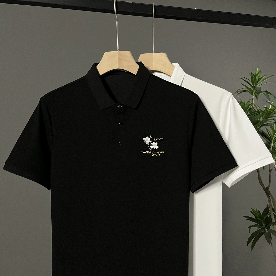 轻奢花卉刺绣短袖Polo衫男修身休闲商务百搭织带翻领薄款修身T恤