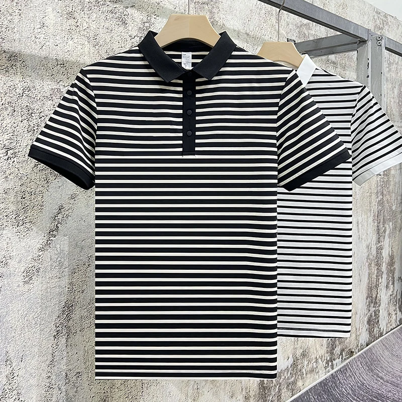 夏季经典百搭黑白色条纹短袖翻领Polo衫男韩版修身潮流时尚半袖t