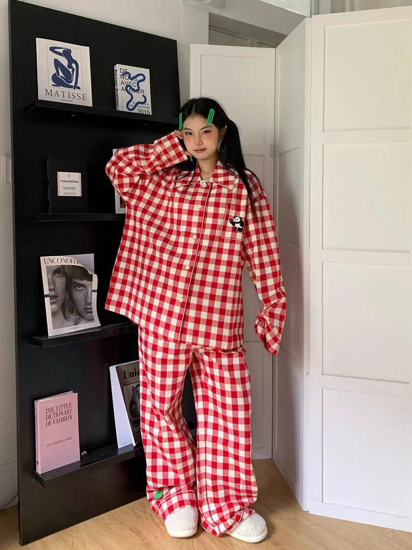 【兽家-红格熊猫】男女同款 新款潮牌可外磨毛棉质居家服睡衣套装