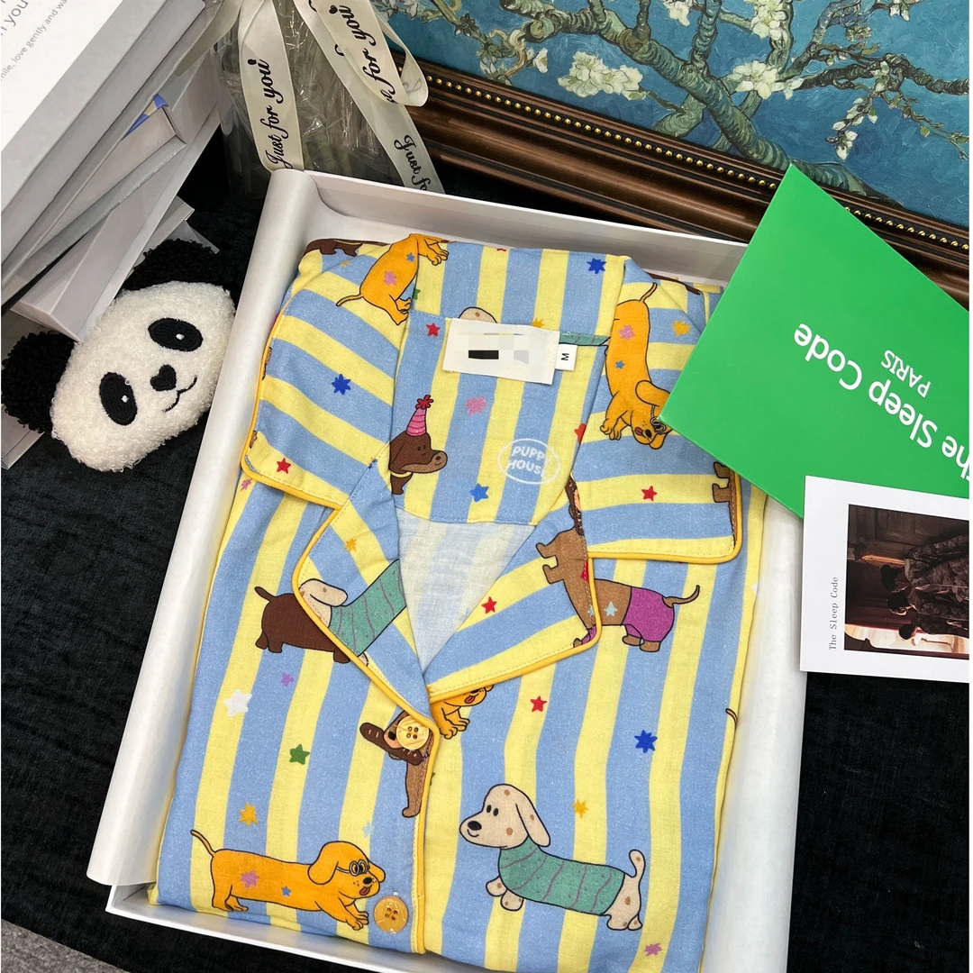 【小狗总动员】2024秋款潮牌外穿纯棉纱条纹长袖居家服睡衣套装