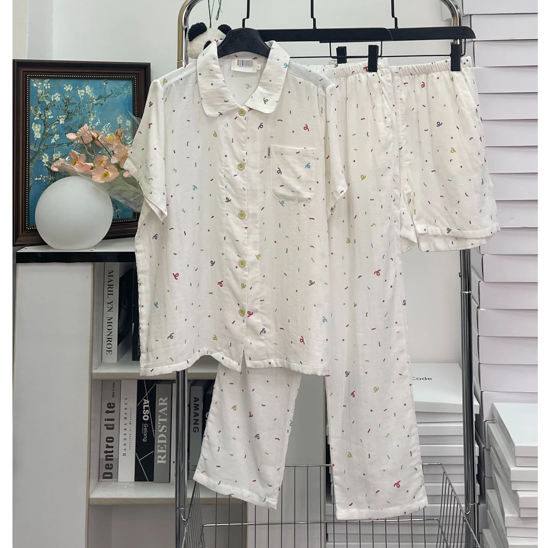 【彩虹糖果-短袖三件套】 夏款新款潮牌短袖薄棉纱质居家服睡衣