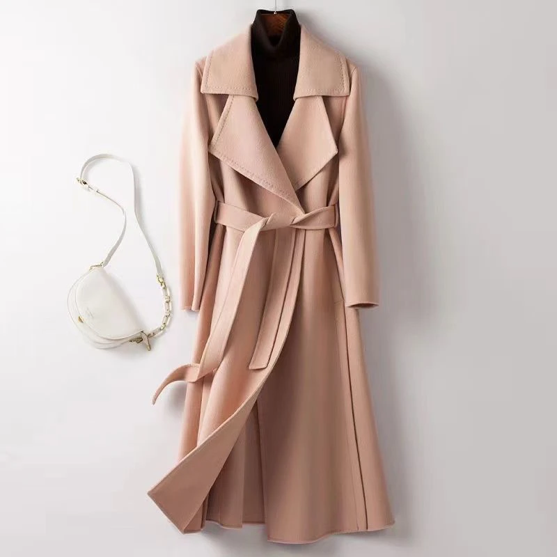 351-400 新款高端秋冬毛呢单面大衣羊毛呢大衣中长款系带外套