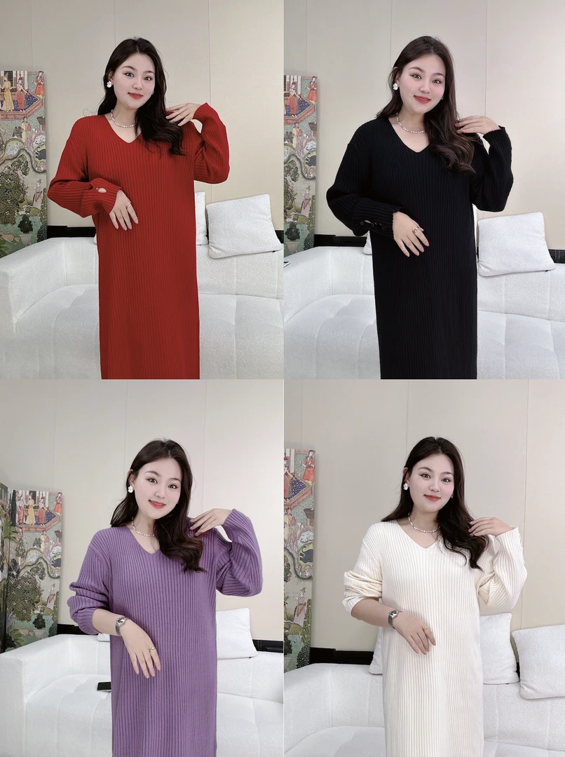 TOYA大码女装V领针织显瘦打底气质遮肉简约毛衣裙--TY3C2TW01C