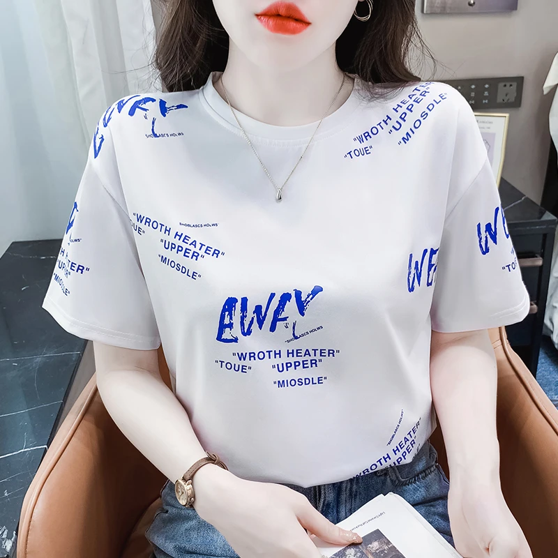 时尚字母印花白色t恤女短袖2025新款宽松显瘦韩版休闲圆领上衣服