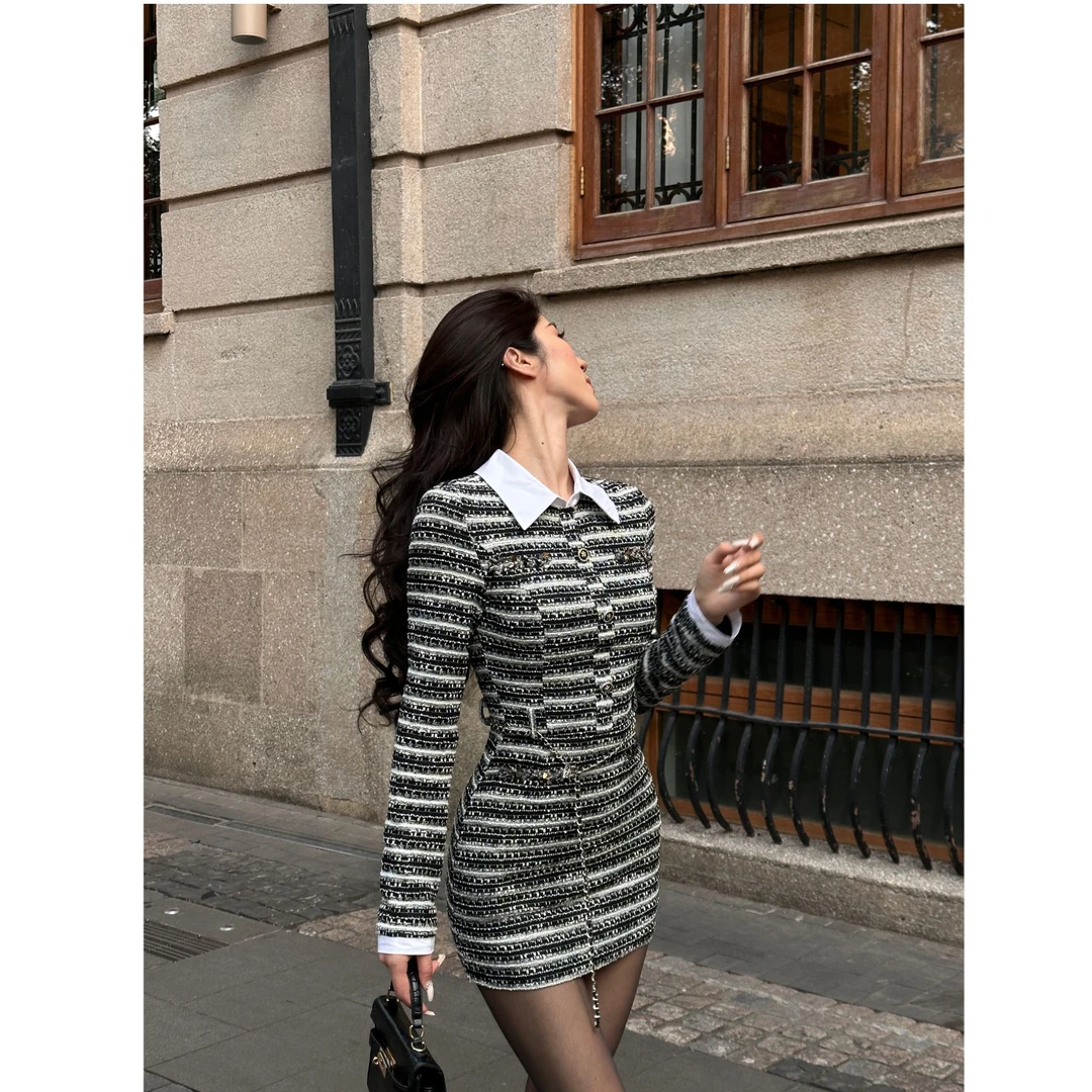 【清仓】红人上新显瘦短款撞色小香风连衣裙收腰气质裙子LL85499