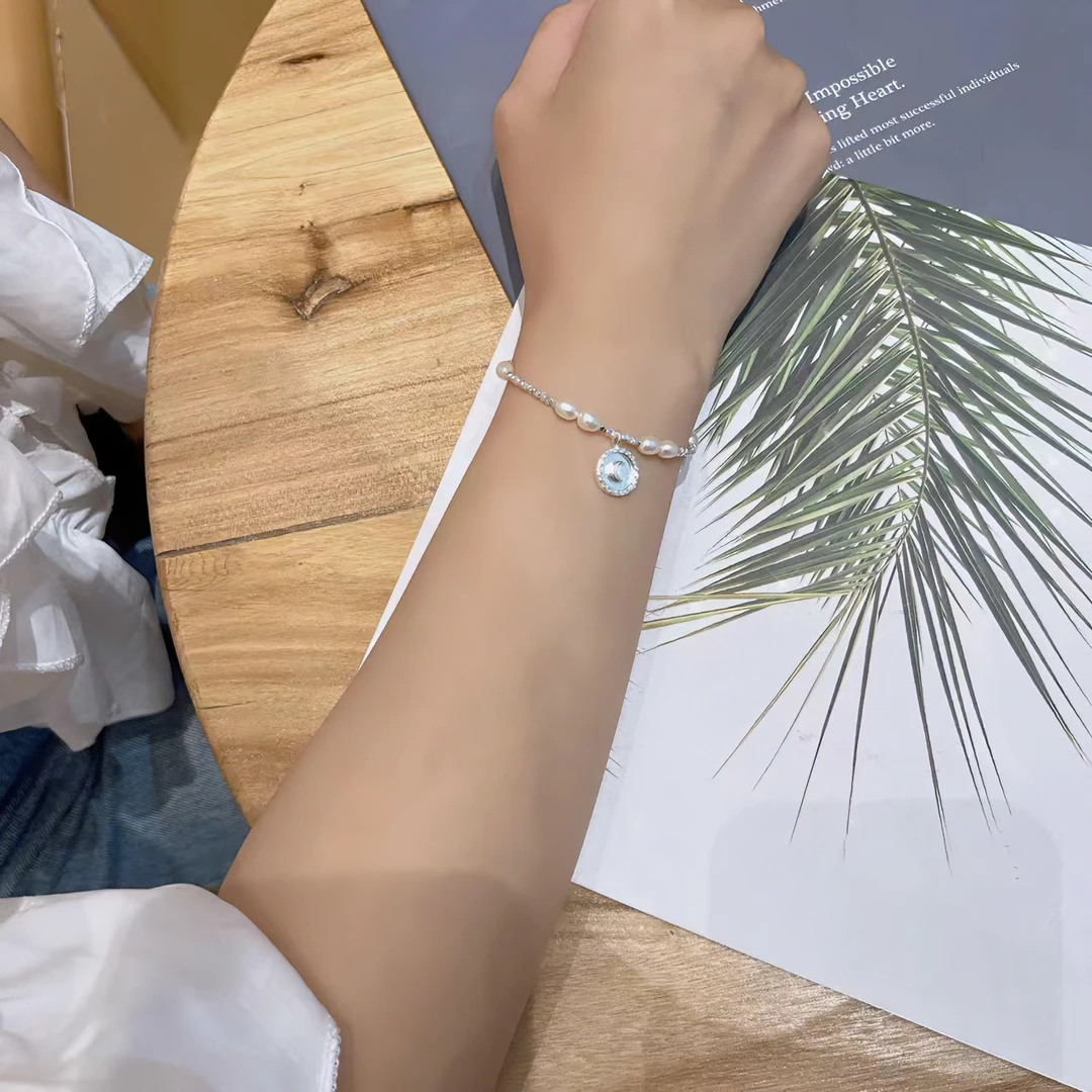 Ben.S本饰 天然淡水珍珠纯银碎银天然淡水小米珠月亮吊坠手链A079