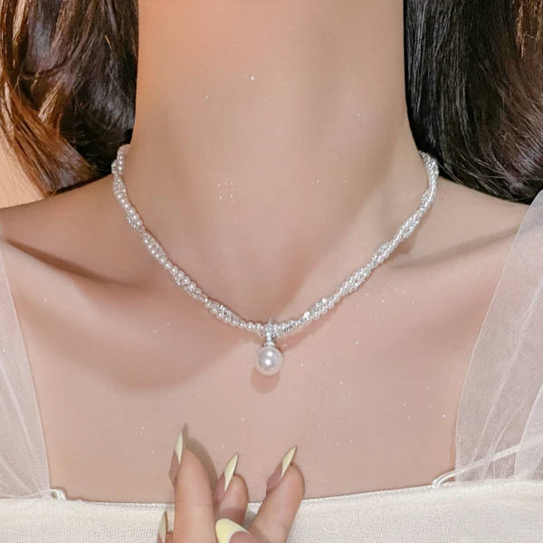 坠链均925银 Ben.S本饰 极光施华洛珠珠正圆无暇轻奢双层项链B001