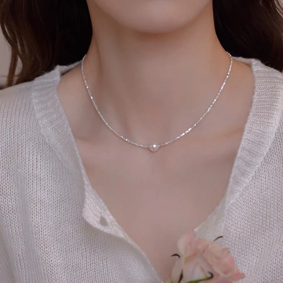 Ben.S本饰  天然淡水珍珠碎银几两波光粼粼碎银子8mm单珠项链A265