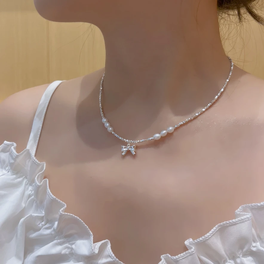 Ben.S本饰 S925纯银蝴蝶结天然珍珠碎银几两项链锁骨链时尚A005