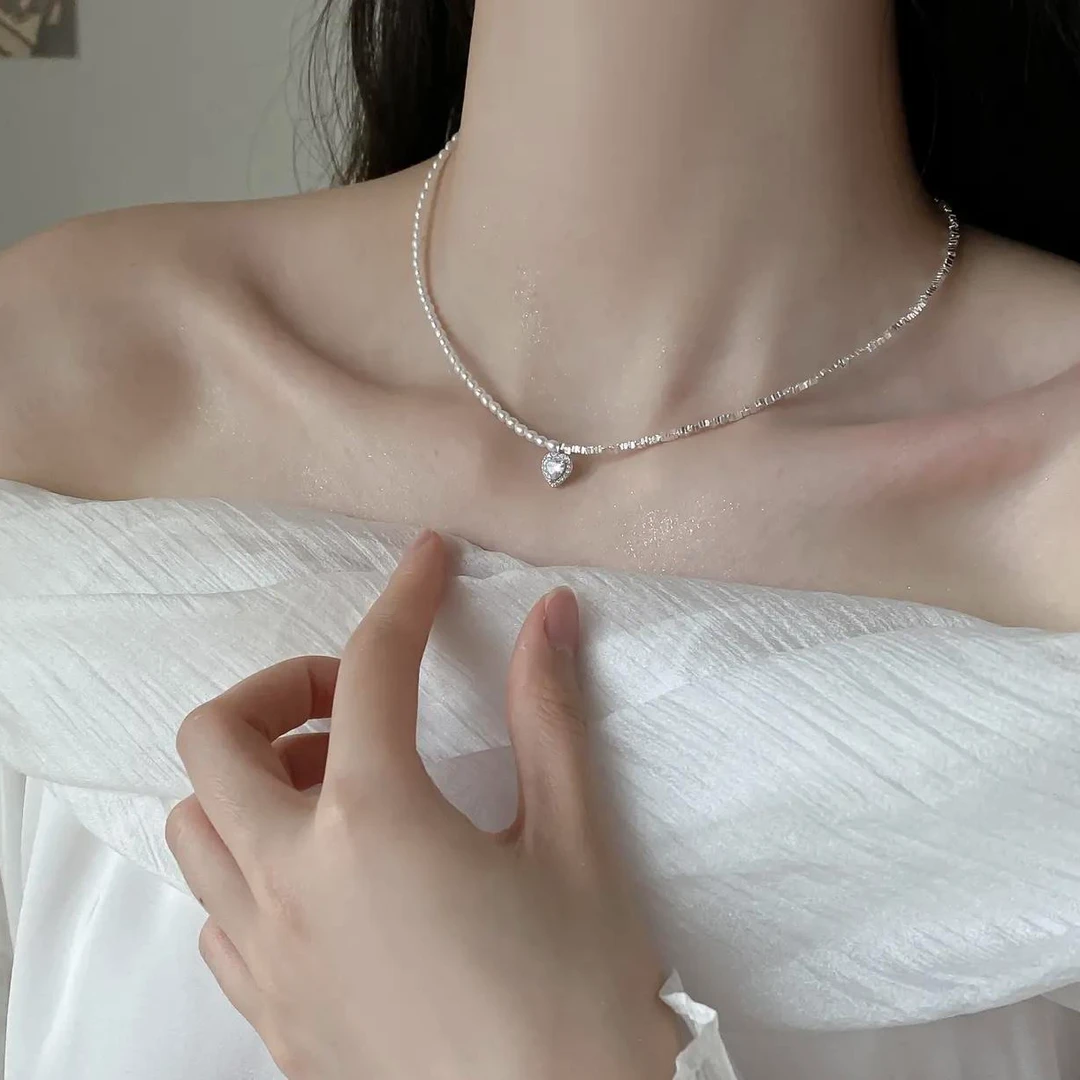 Ben.S 天然淡水珍珠小米珠韩版简约串珠爱心吊坠甜美项链坠链A001