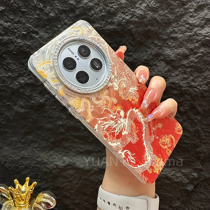 适用华为mate50pro手机壳新款mate50套羽毛纱底龙年渐变红龙纹男p
