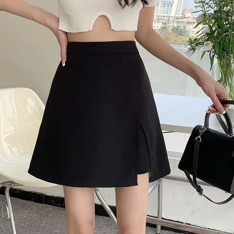秋冬大码胖mm半身裙女高腰不规则开叉a字短裙显瘦黑色洋气包臀裙