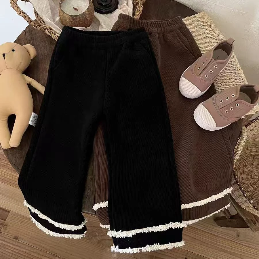 不加绒/加绒  秋冬季花边阔腿裤2025新款小女孩时尚可爱休闲裤