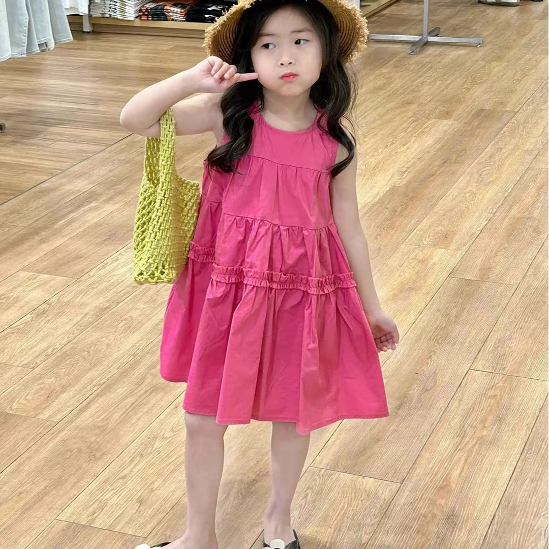 小兔2025夏季新款女童度假风玫红色连衣裙女宝宝无袖背心裙潮