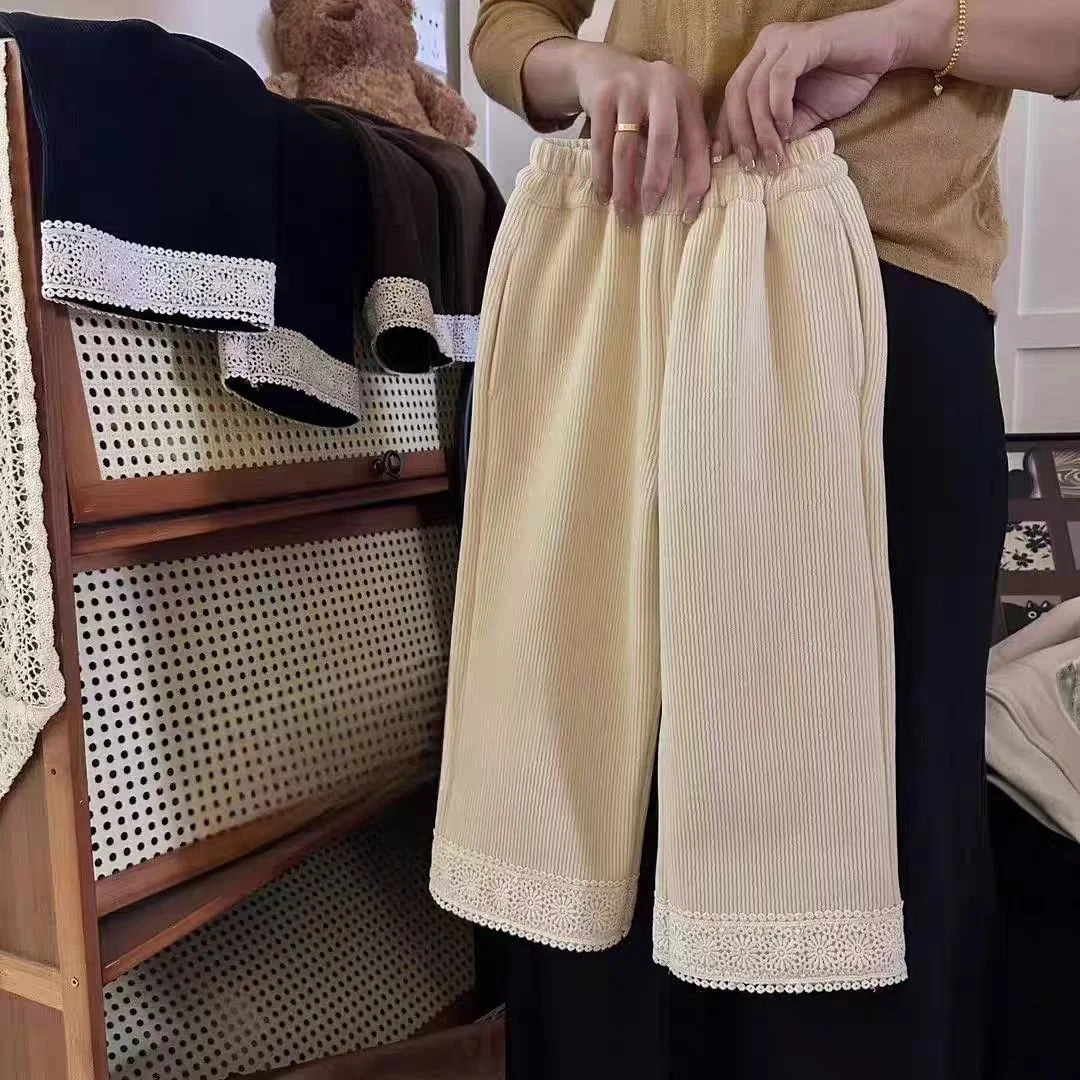 女童裤子2025秋冬新款儿童韩版森系灯芯绒一体绒保暖花边直筒裤潮