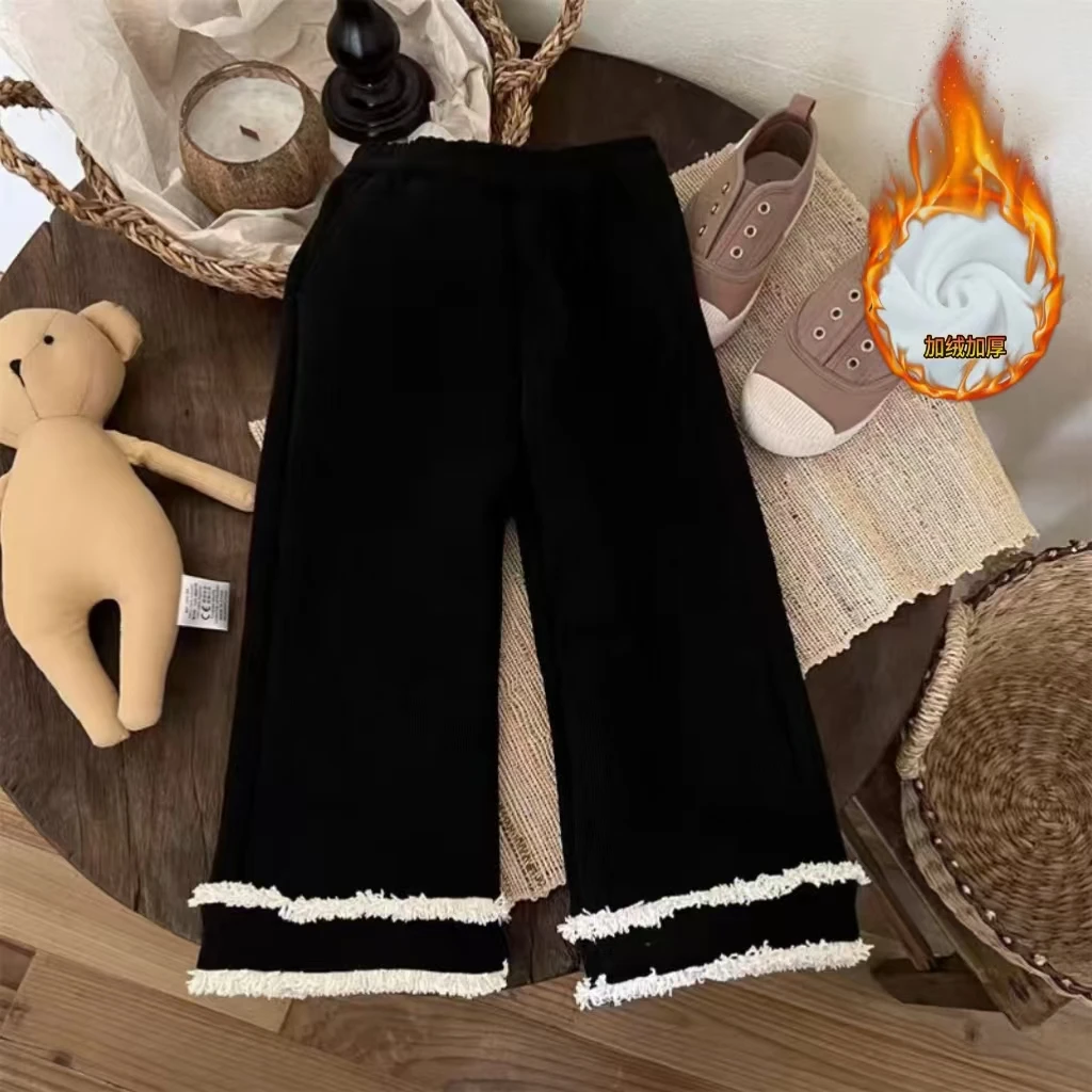 加绒/不加绒  秋冬季洋气百搭花边阔腿裤24新款小女孩可爱休闲裤