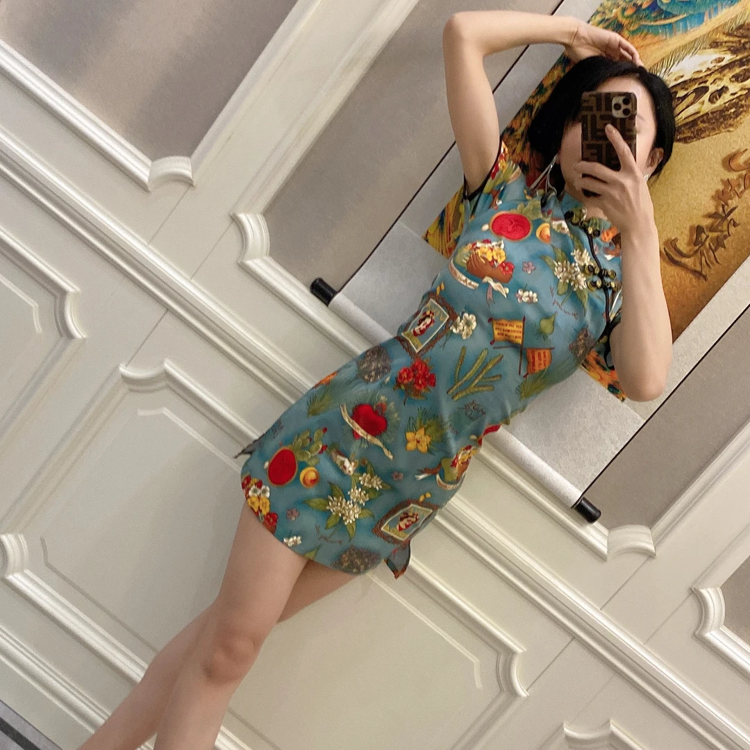 日常改良版旗袍短裙怀旧复古立领盘扣网红主播印花短袖包臀连衣裙