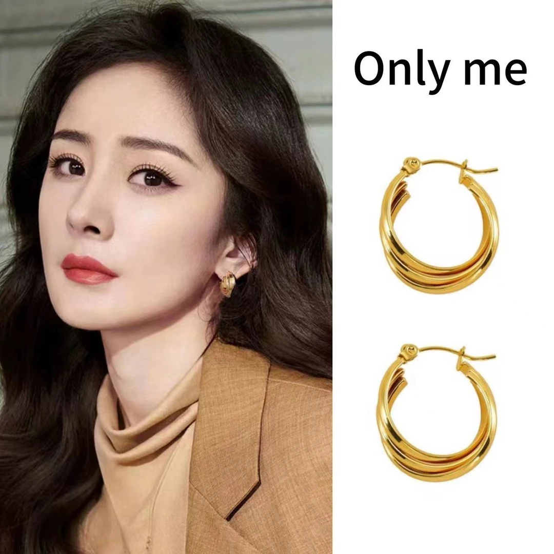 钛钢耳饰 英国【设计师】杨幂欧美双层耳扣个性夸张潮小圈圈耳饰