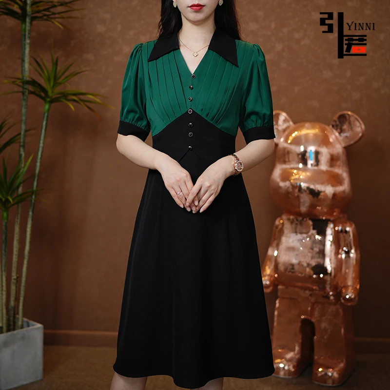 引匿（现货）8200弹力蜂巢拼色高腰时尚名媛气质法式连衣裙2024夏新