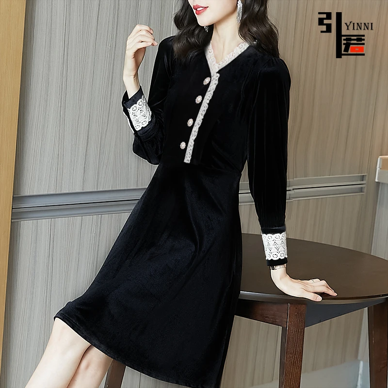 引匿（现货）8143冬款法式优雅小黑裙高端金丝绒裙子有口袋 2025春