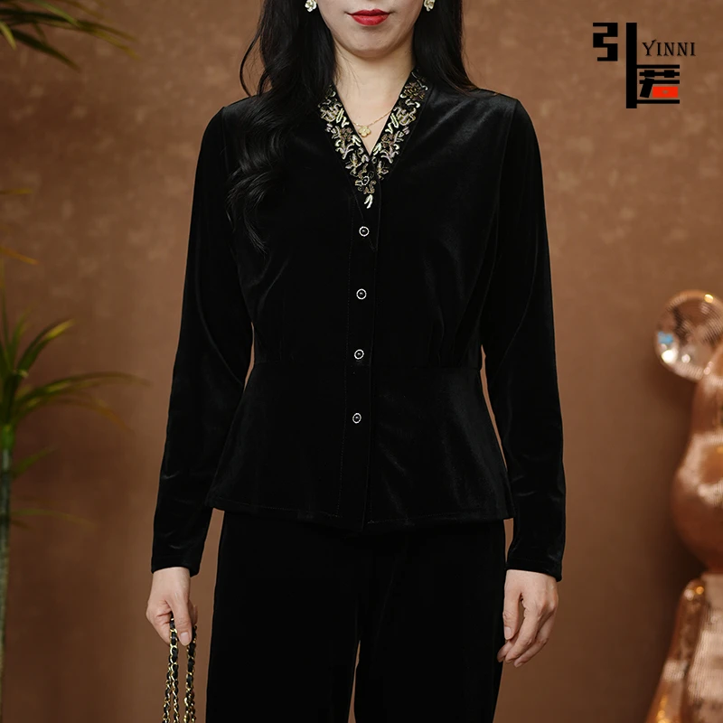 引匿（现货）A169重工刺绣丝绒显瘦女V领百搭打底衫减龄气质 2025春