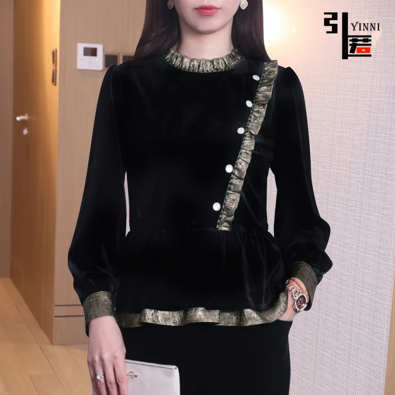 引匿（现货）8361金丝绒冬款优雅时尚拼接小衫长袖打底衫 2025春