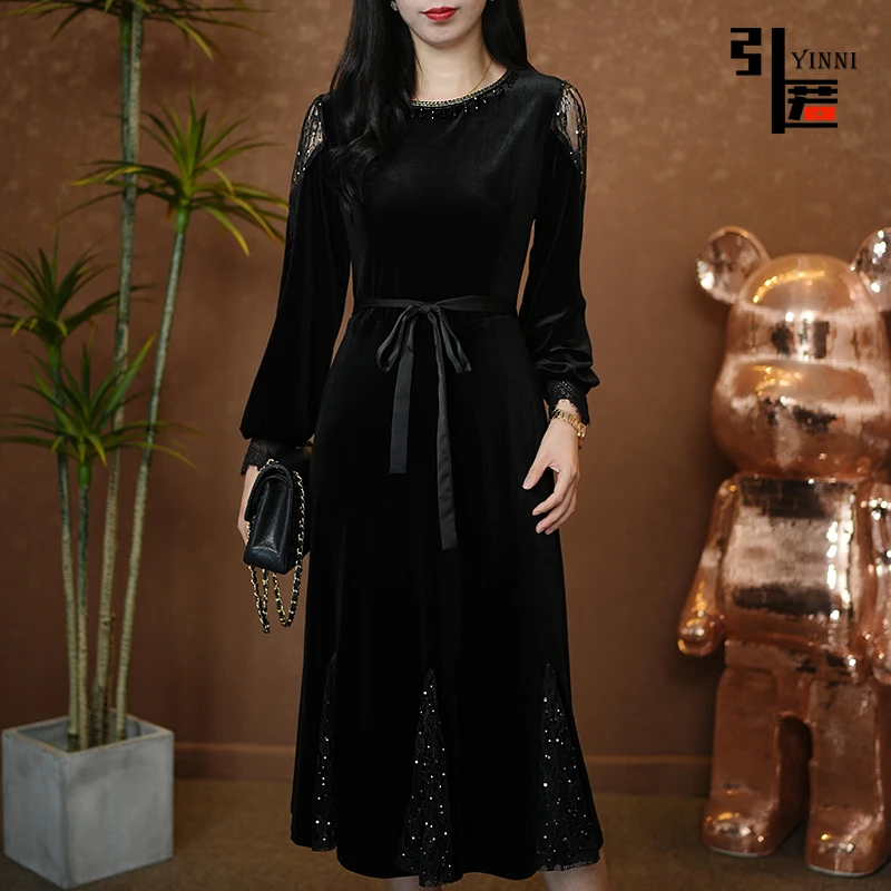 引匿（现货）A133金丝绒轻奢洋气长袖连衣裙女减龄修身裙 2025春