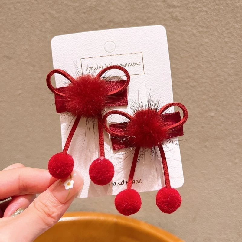 新年女童可爱蝴蝶结bb夹小宝宝高级秋冬毛球对夹儿童发卡公主头饰