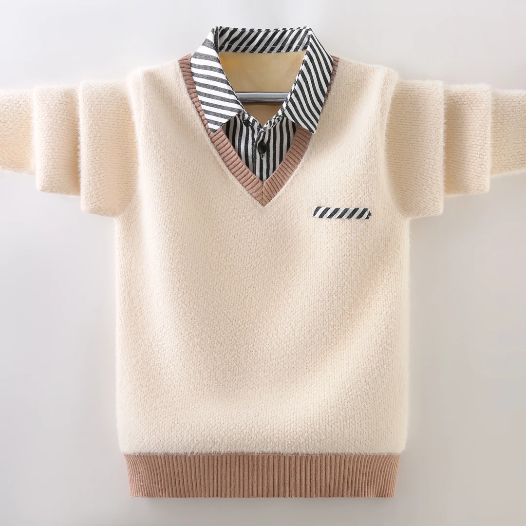 男童假两件毛衣2024秋冬季款中大童一体绒衬衫领针织衫儿童拼接帅