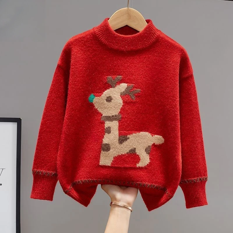 儿童红色毛衣秋冬过年款季小鹿中大童针织衫女孩套头加绒加厚线衣