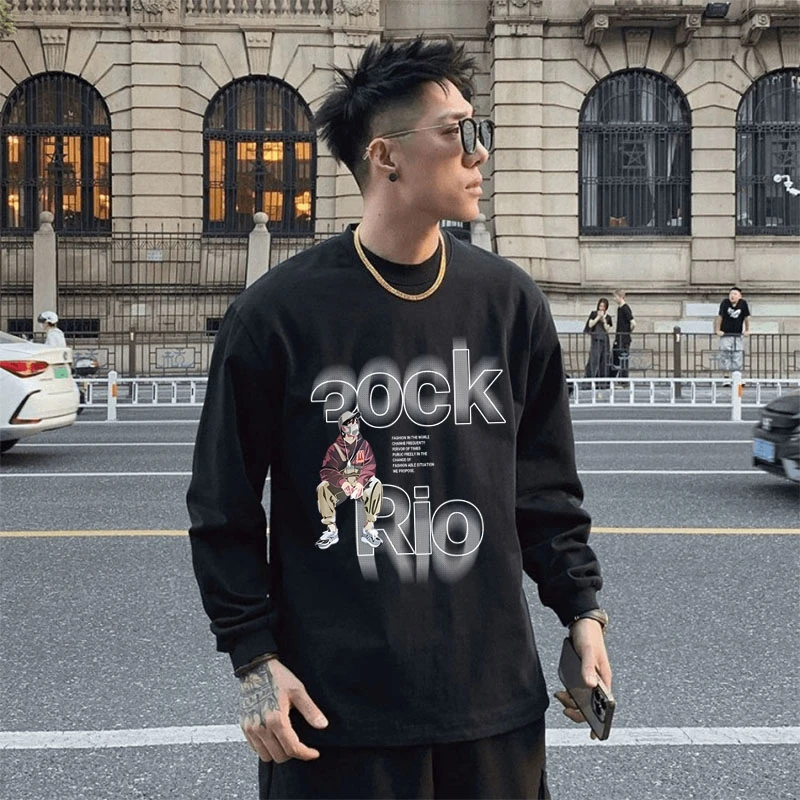 纯棉长袖T恤男士夏季宽松大码休闲百搭韩版圆领印花学生上衣ins潮