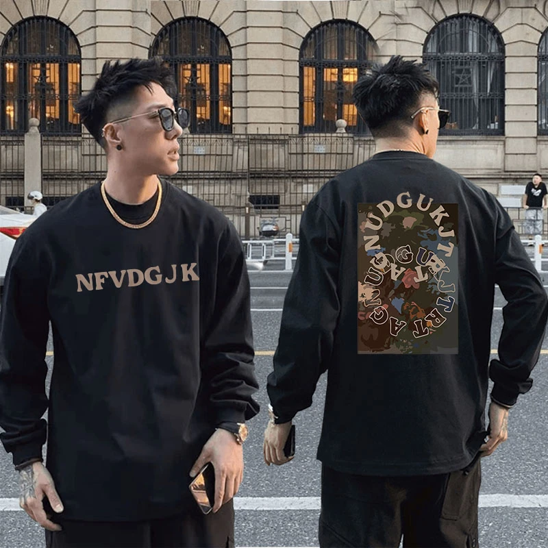 秋季男款纯棉长袖T恤大码200-300斤宽松潮流透气吸汗运动打底衫男