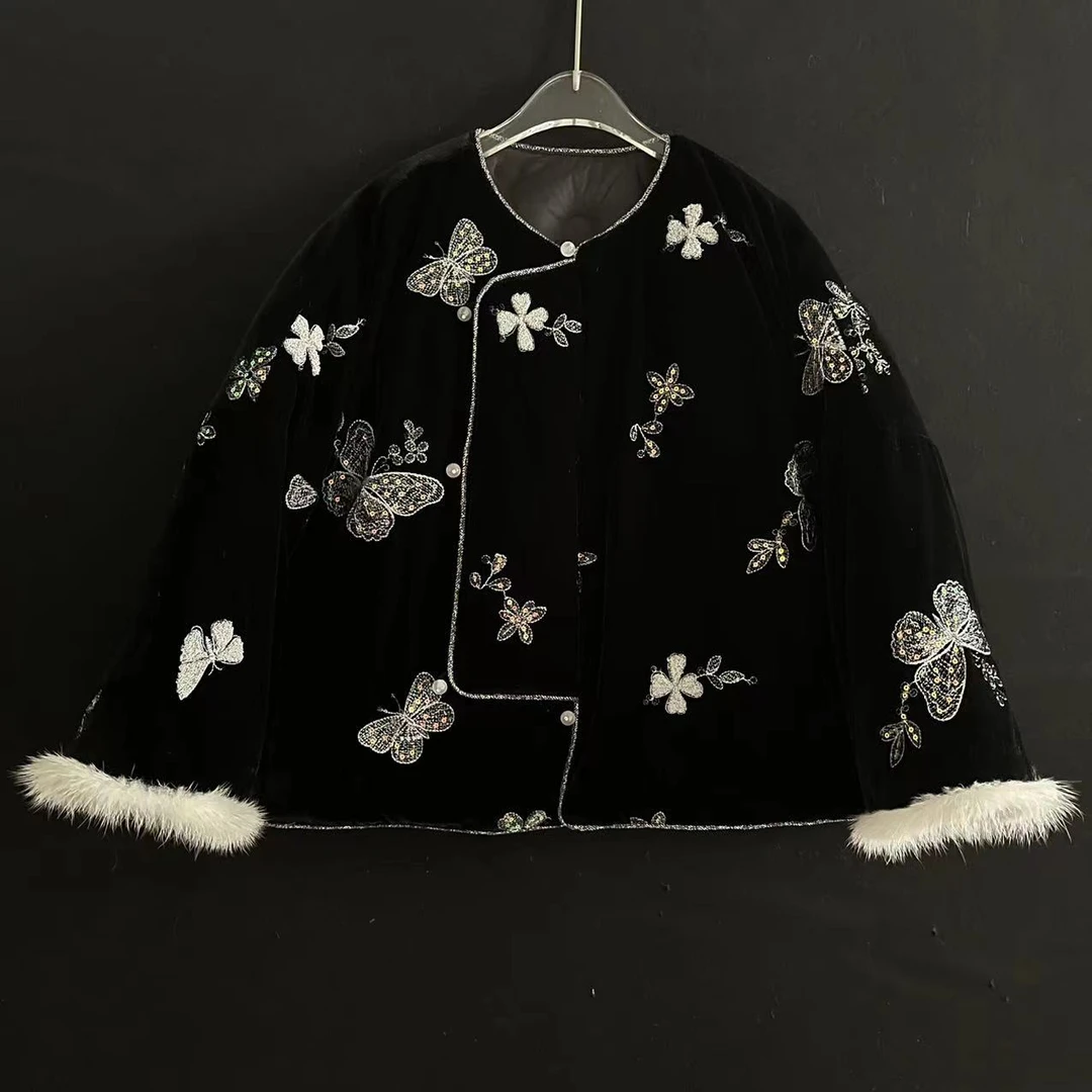 【喜儿定制】新款轻奢国风小龙人拜年潮流女童羽绒服黑色气质中大童