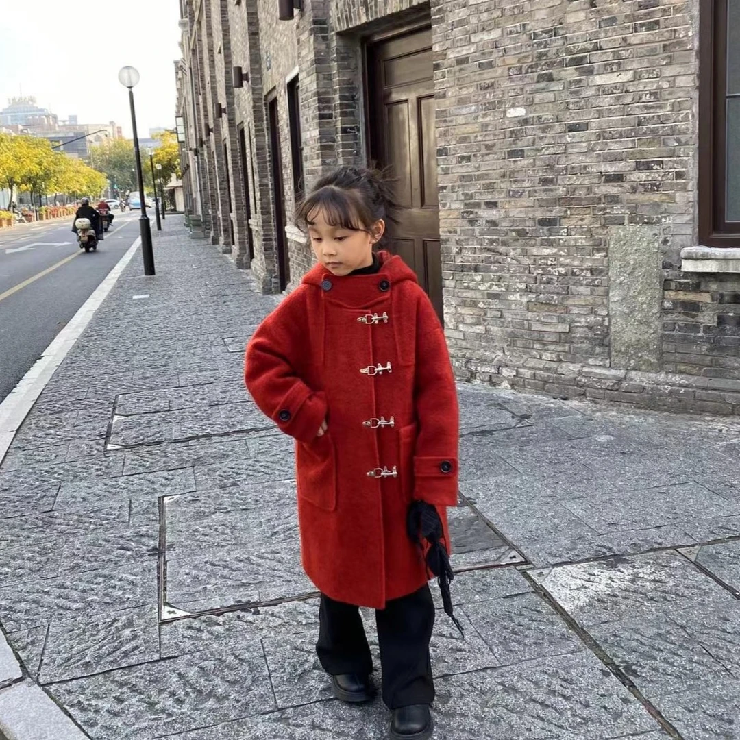 【喜儿定制】冬季新款红色连帽大衣外套时尚中长款女童洋气百搭