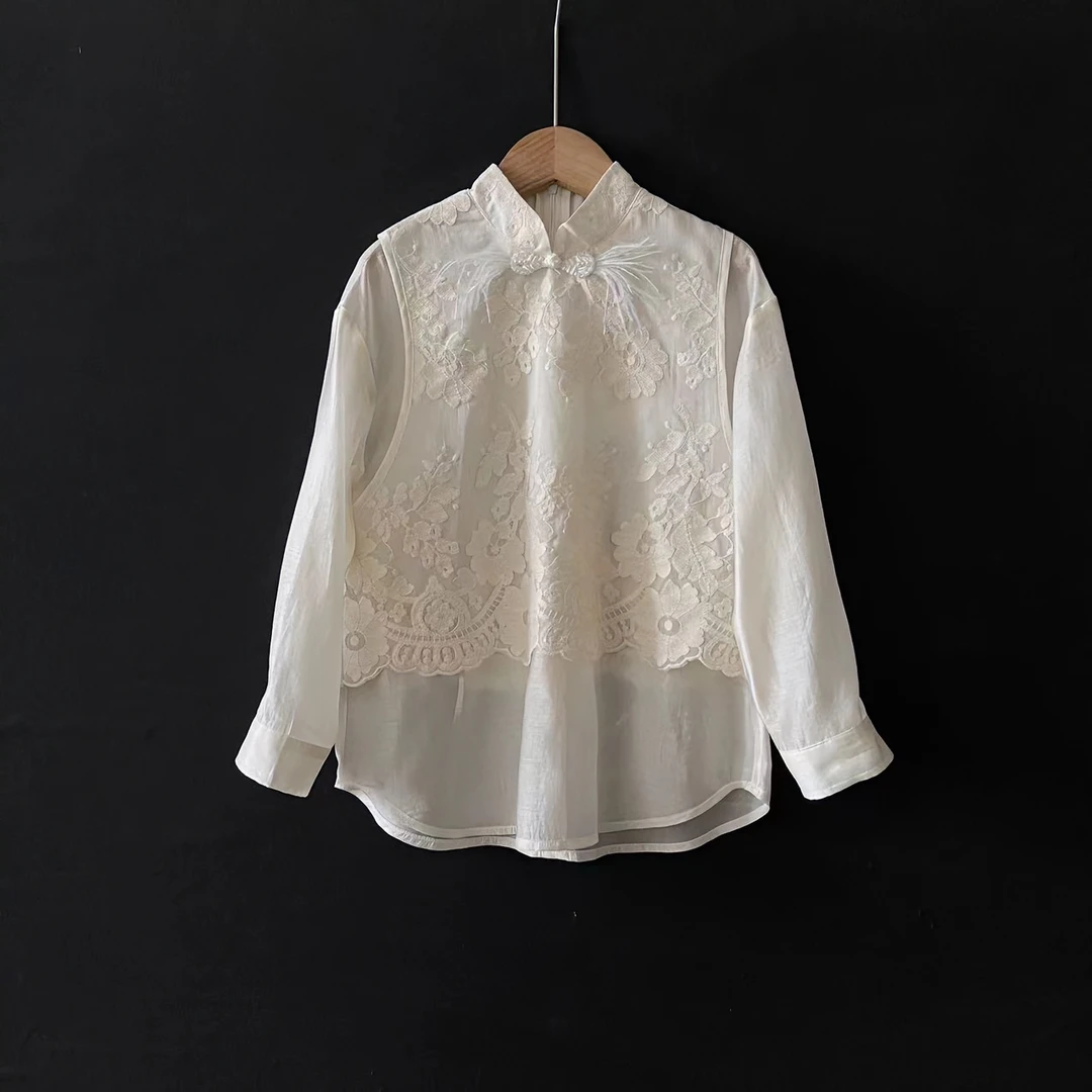 【喜儿定制】春季新款蕾丝提花长袖时尚国风汉服衬衫设计师款中大童