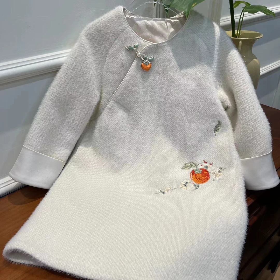 【喜儿定制】冬季新款百搭时尚气质针织白色宽松中长款汉服中大童