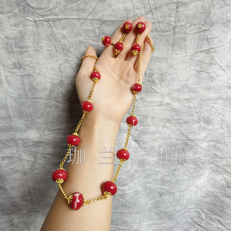 绝美金链藏式华丽珊瑚三件套 精美首饰古典蜜蜡珠民族