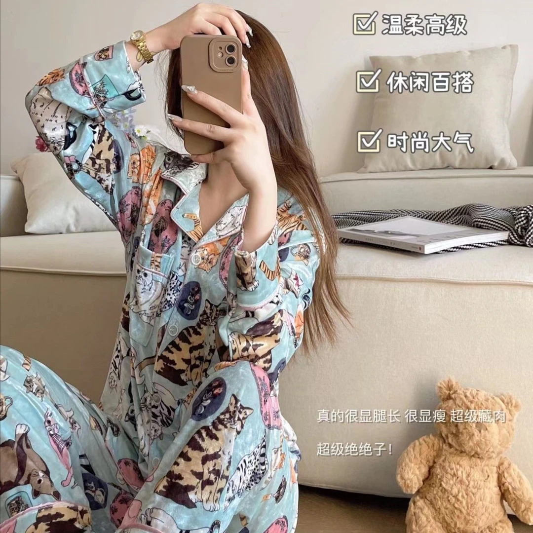庆同冰蓝小猫咪新款睡衣女金丝绒秋冬翻领开衫长袖风家居服两件套