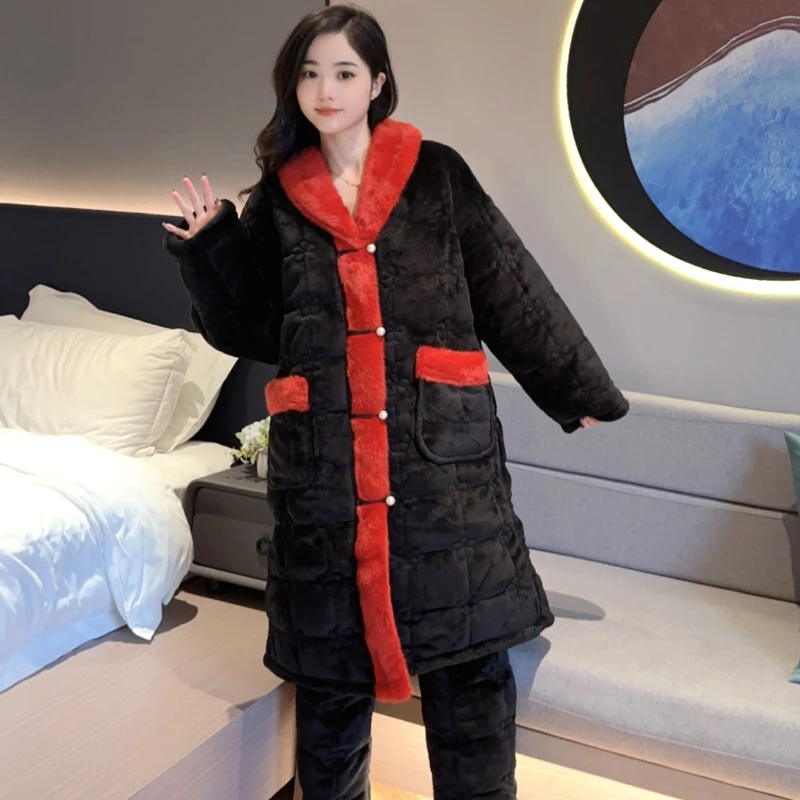 庆同中长款三层夹棉睡袍套装女士冬季加厚保暖珊瑚绒可外穿睡裙