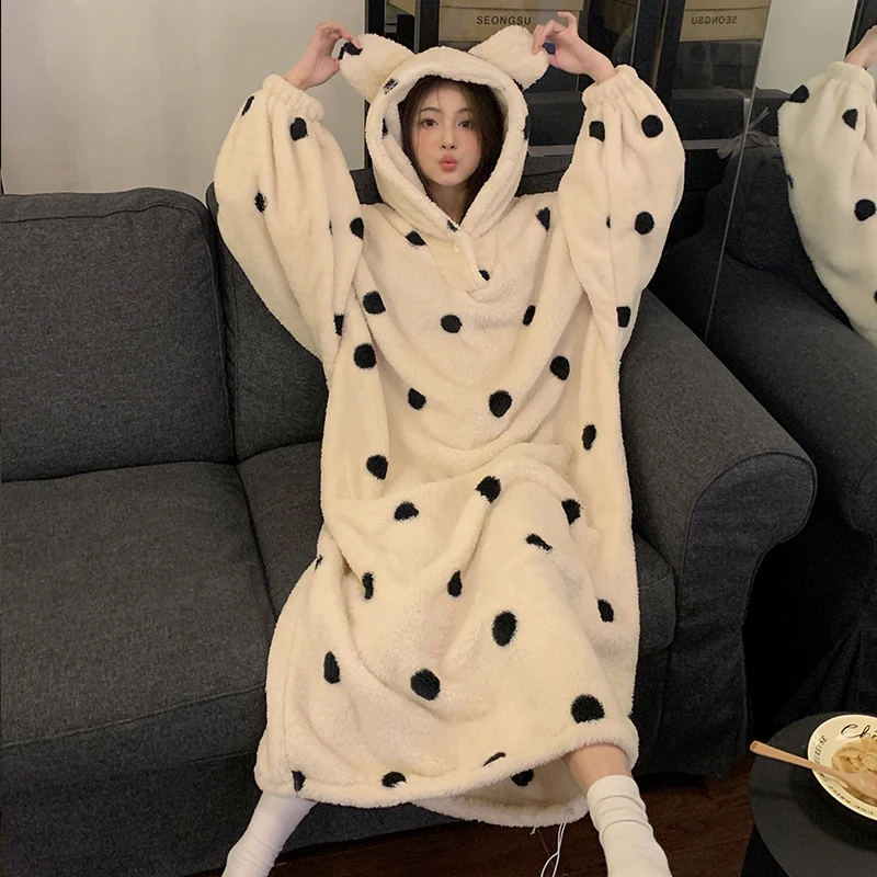 庆同新款长款连帽卫衣睡袋睡袍冬季加厚珊瑚绒宽松睡裙外穿家居服