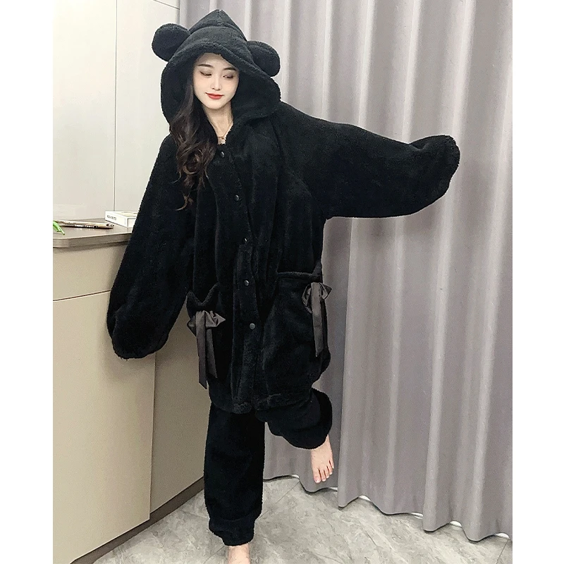 庆同蝴蝶结珊瑚绒睡袍女士秋冬季长款睡衣可爱外穿连帽家居服套装