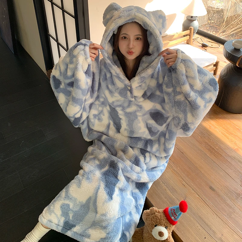 庆同穿到5-15度长款连帽睡裙冬季新款加绒加厚珊瑚绒保暖睡袍宽松