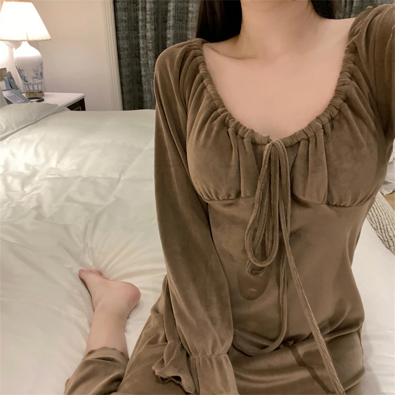 春季海岛绒带胸垫性感睡裙女士睡衣休闲甜美加厚可外穿家居服秋冬