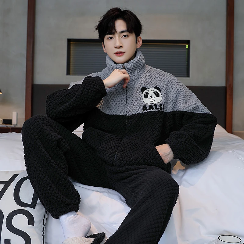 加绒加厚冬季珊瑚绒立领拉链睡衣男士保暖法兰绒男家居服套装秋冬