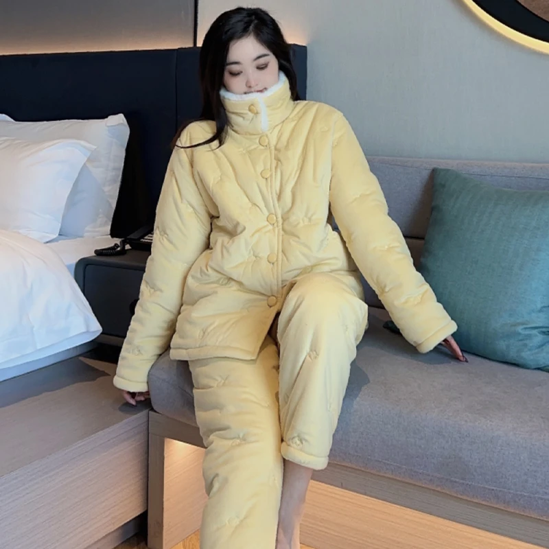 庆同大码睡衣女款冬季三层加厚加绒夹棉珊瑚绒保暖宽松家居服套装